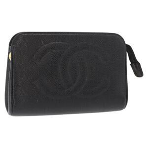 CHANEL Pouch Caviar Skin Black Gold CC Auth 159611
